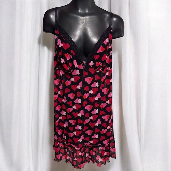 Cacique Intimates Womens Plus Size 14/16 Black Mesh Chemise Slip Pink Red Hearts - Picture 1 of 15